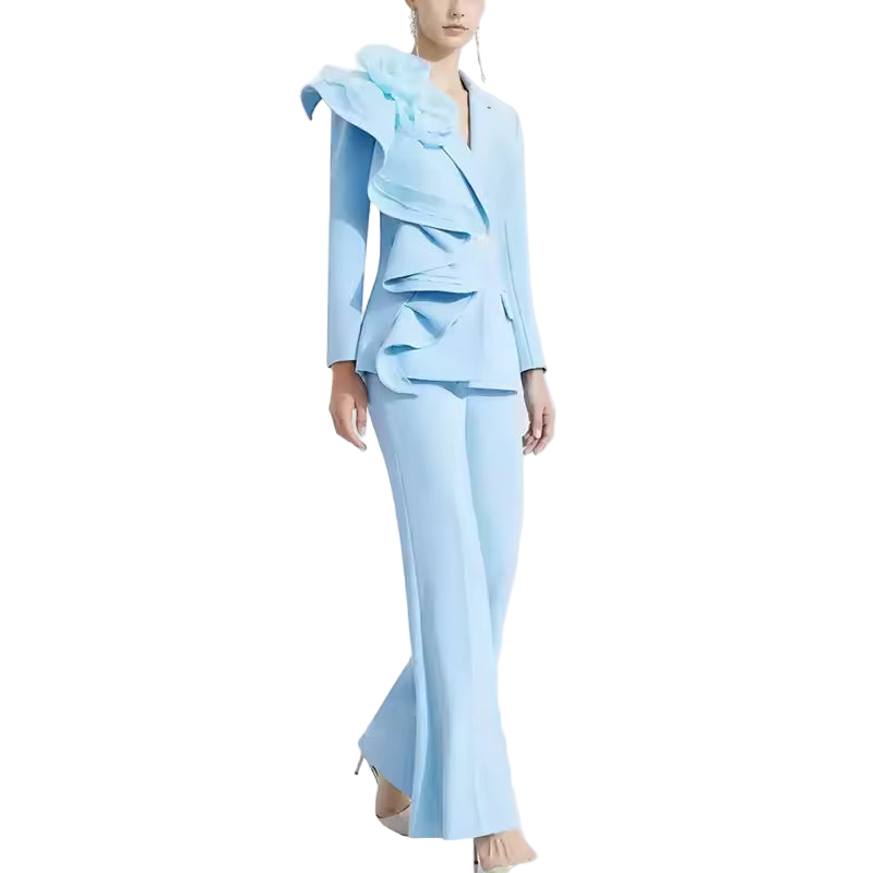 Slim Fit Appliqué Patchwork Two-Piece Pant Set with Lapel Top