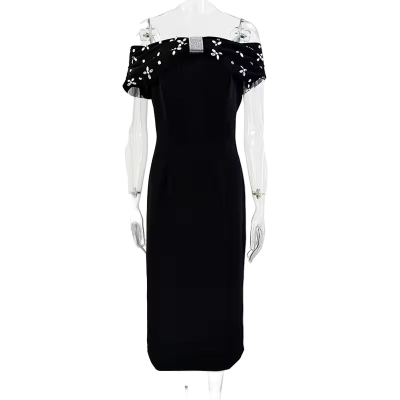 Elegant Slash Neck Beaded Split Knit Dress with Short Sleeves