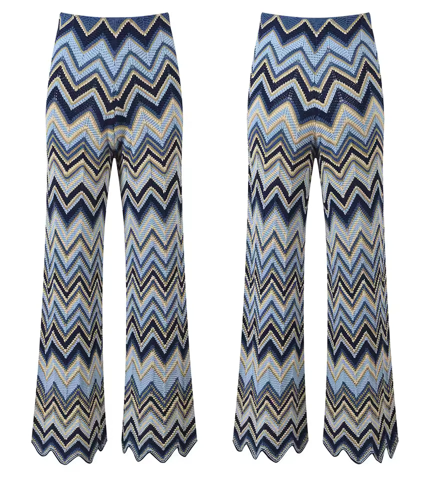 Wavy Knit O-Neck Sleeveless Top and Flare Pants Set