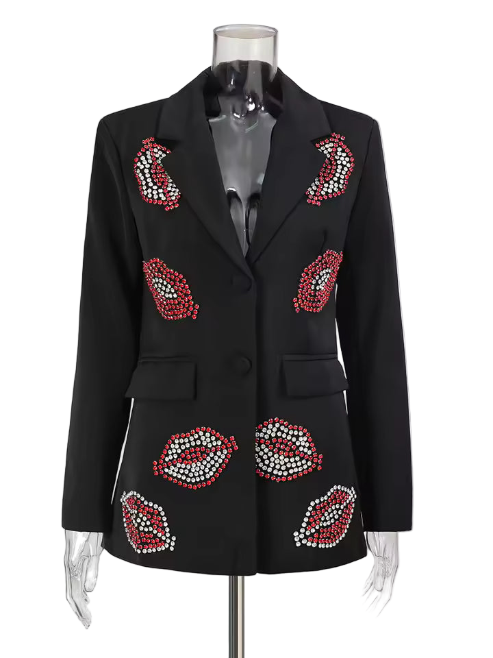 Loose Fit Beaded Patchwork Single-Breasted Blazer with Lapel and Long Sleeves