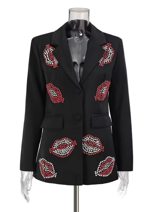 Loose Fit Beaded Patchwork Single-Breasted Blazer with Lapel and Long Sleeves