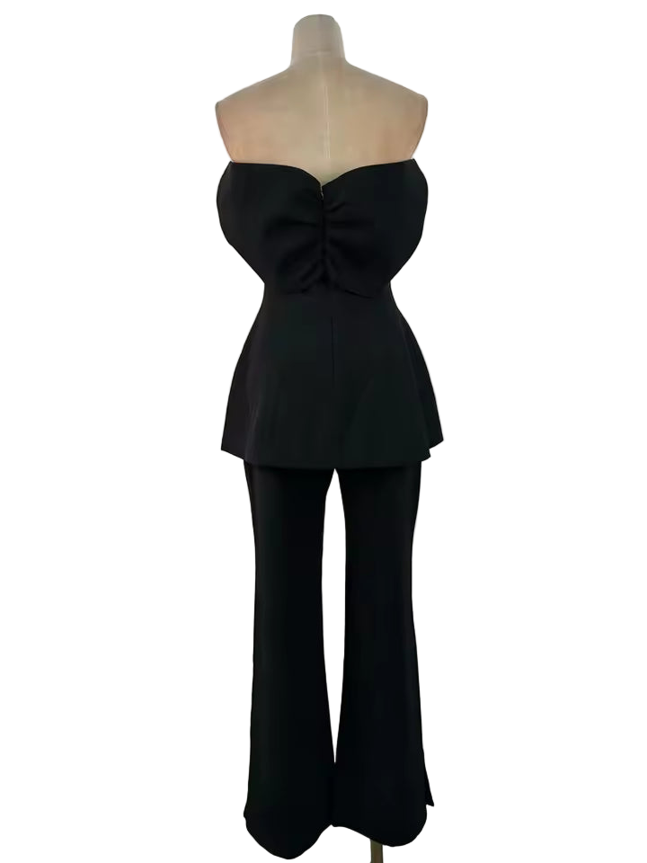 Solid Two-Piece Slash Neck Bow Top & High Waist Pants Set