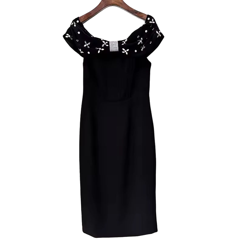 Elegant Slash Neck Beaded Split Knit Dress with Short Sleeves