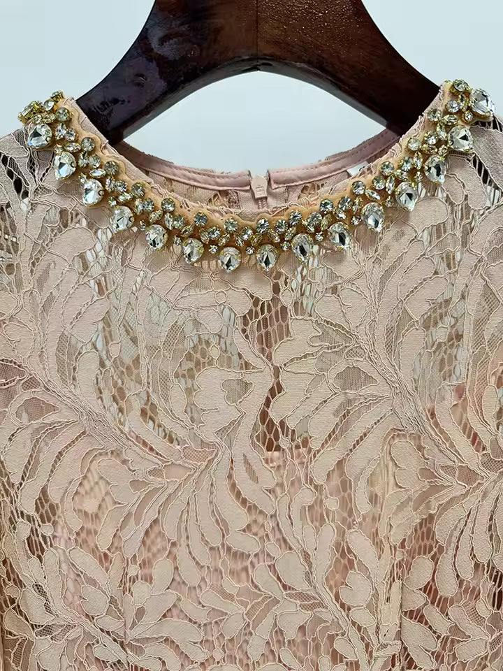 Rhinestone Lace Midi Dress with Three-Quarter Sleeves