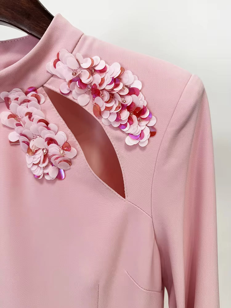 Stand Collar Beaded Sequin Hollow Out Maxi Dress