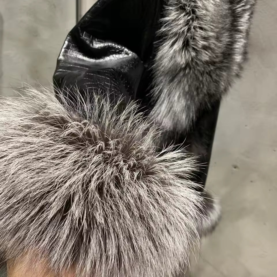 Cropped Shearling Leather Coat with Natural Fur Sleeves