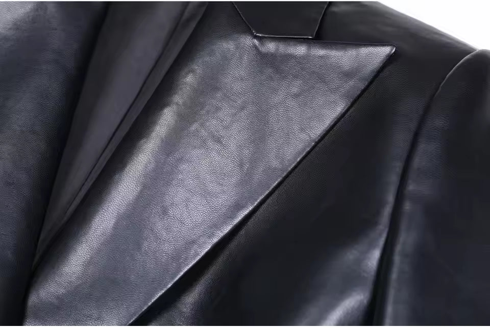 Classic PU Notched Blazer – Black Slim Fit