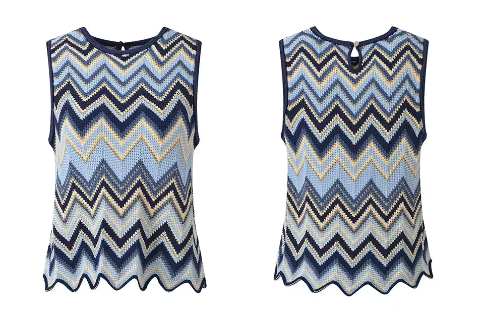 Wavy Knit O-Neck Sleeveless Top and Flare Pants Set