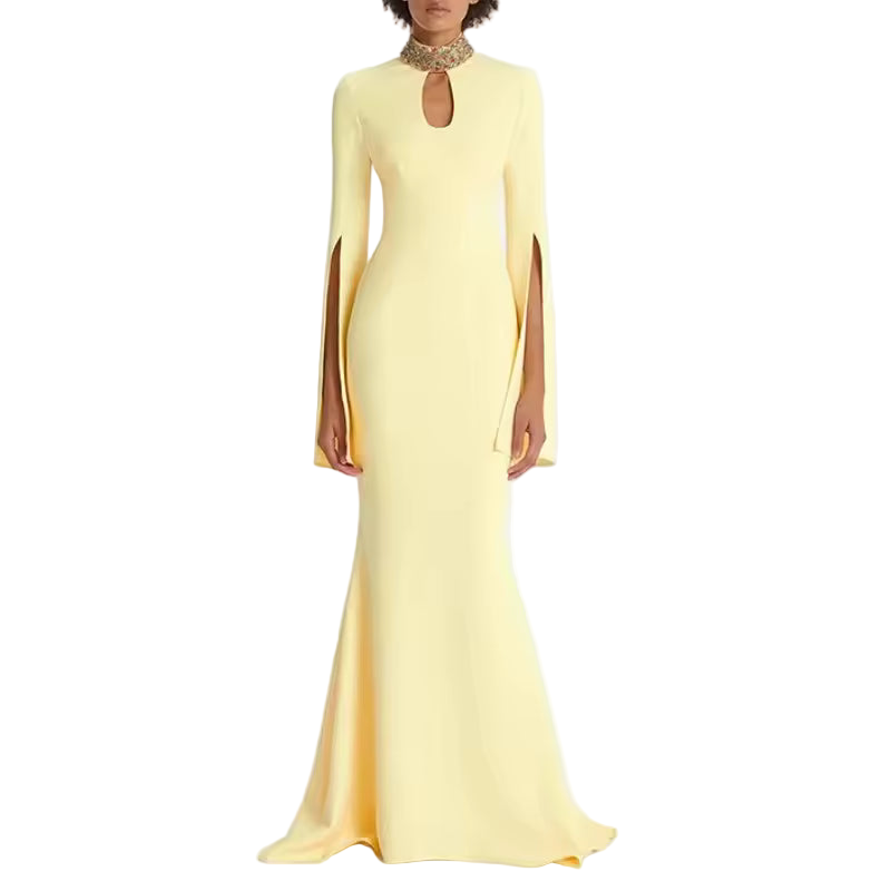 Patchwork Beaded Hollow Out Long Sleeve Split Midi Dress