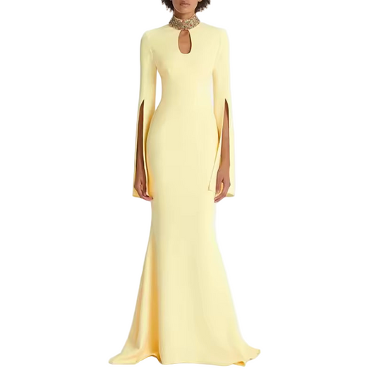 Patchwork Beaded Hollow Out Long Sleeve Split Midi Dress