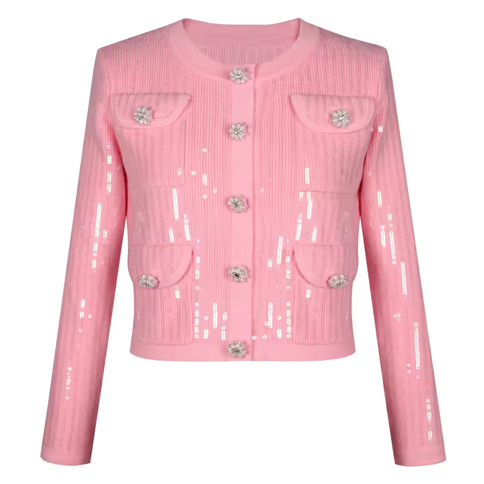 Luxury Sequin Knit Diamond Button Cardigan & Slim Fit Pencil Skirt Set