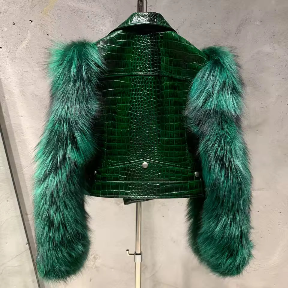 Leather Biker Jacket with Fox Fur Sleeves