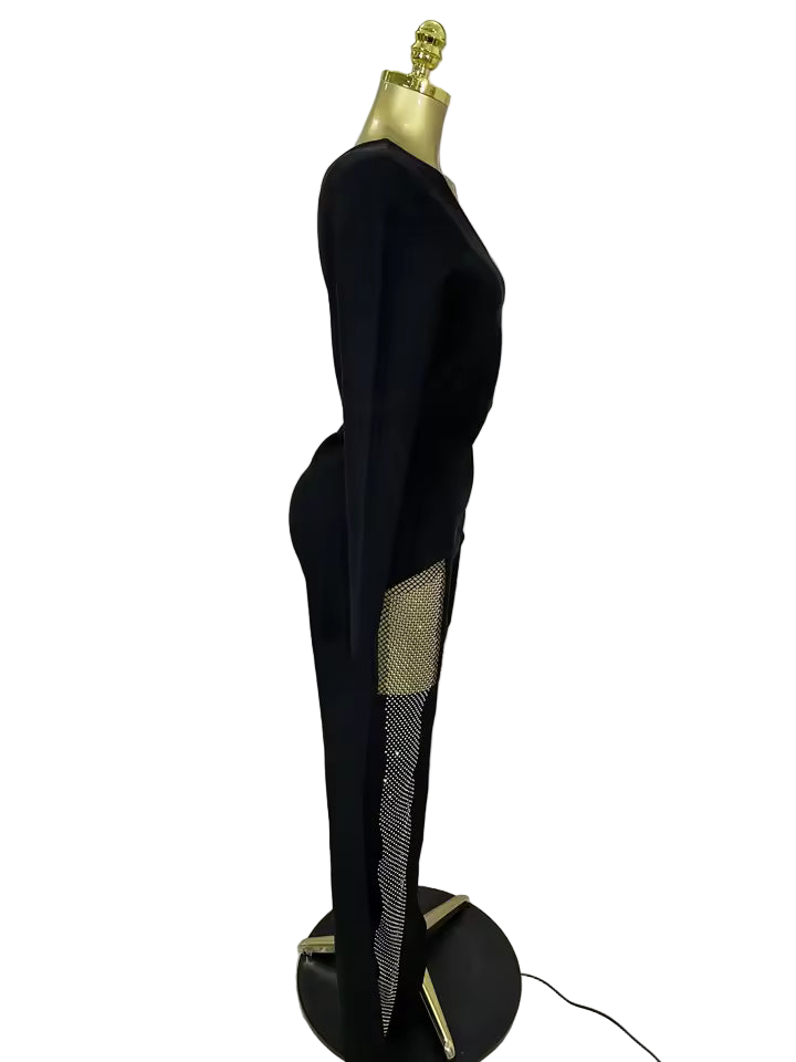 Shiny Sequin Mesh One-Shoulder Bell-Bottom Bandage Jumpsuit