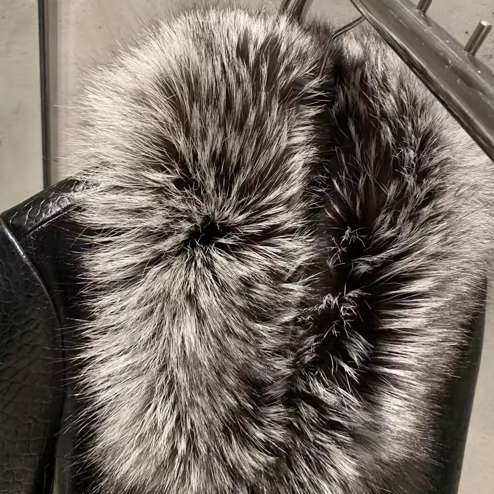 Cropped Shearling Leather Coat with Natural Fur Sleeves