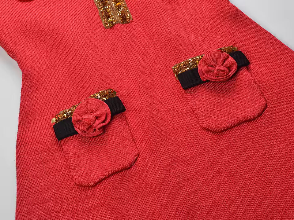 Rose Accent Knitted Mini Dress – V-Neck Long Sleeve