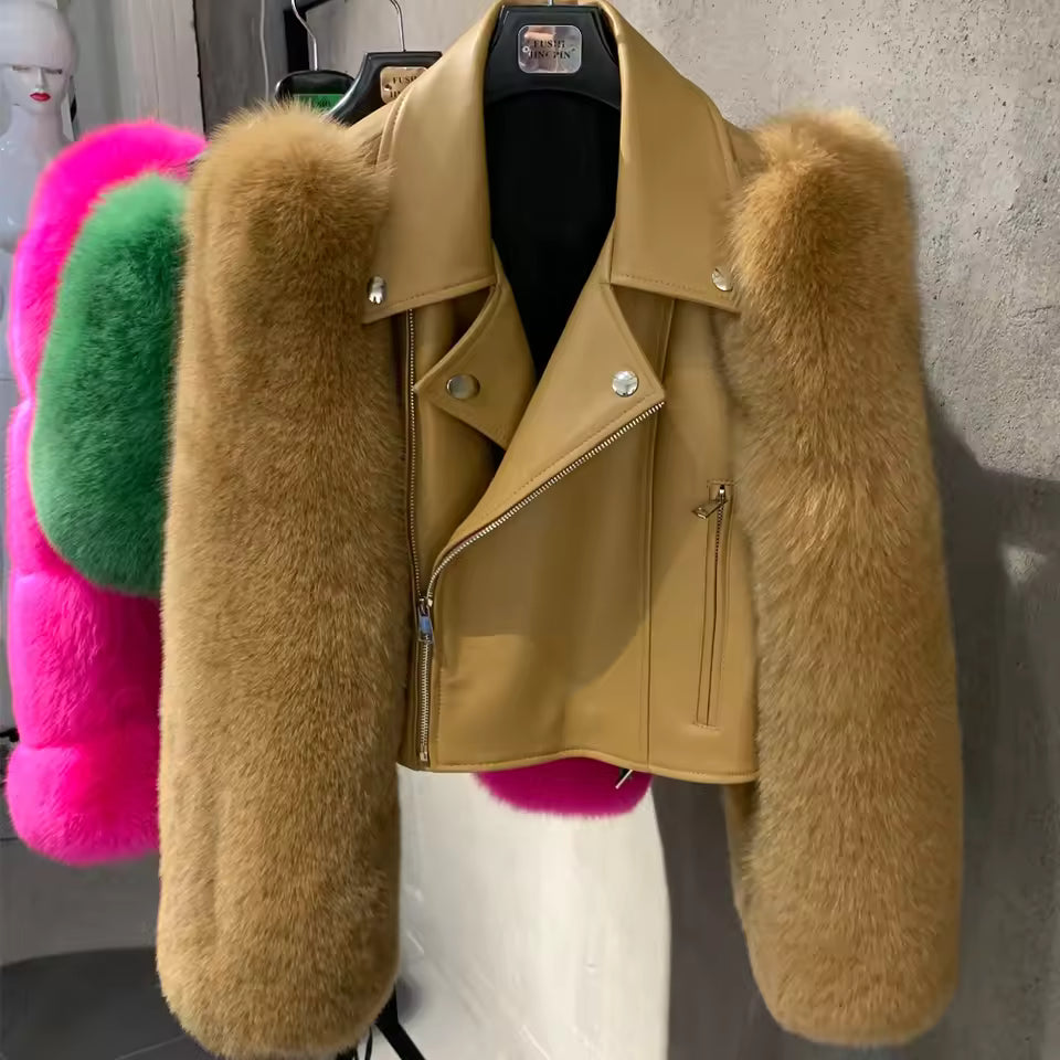 Leather Biker Jacket with Fox Fur Sleeves