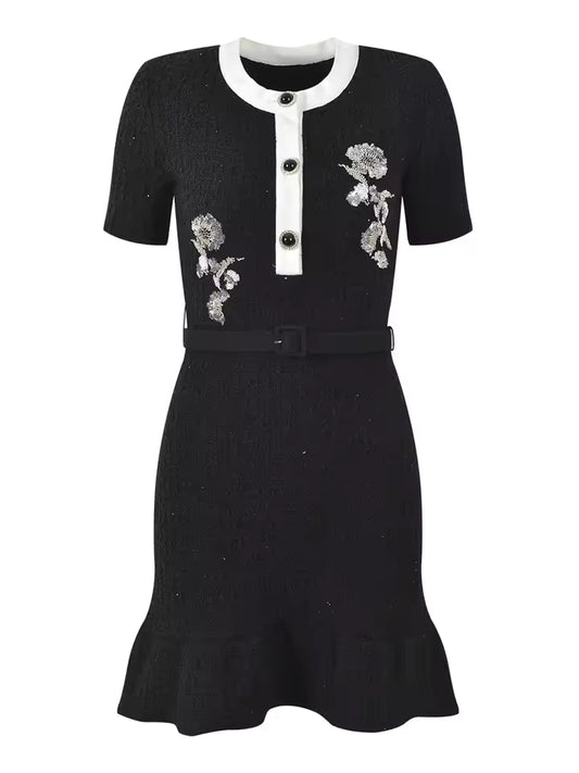 Stitched Knit Waist-Cinched Round Neck A-Line Dress