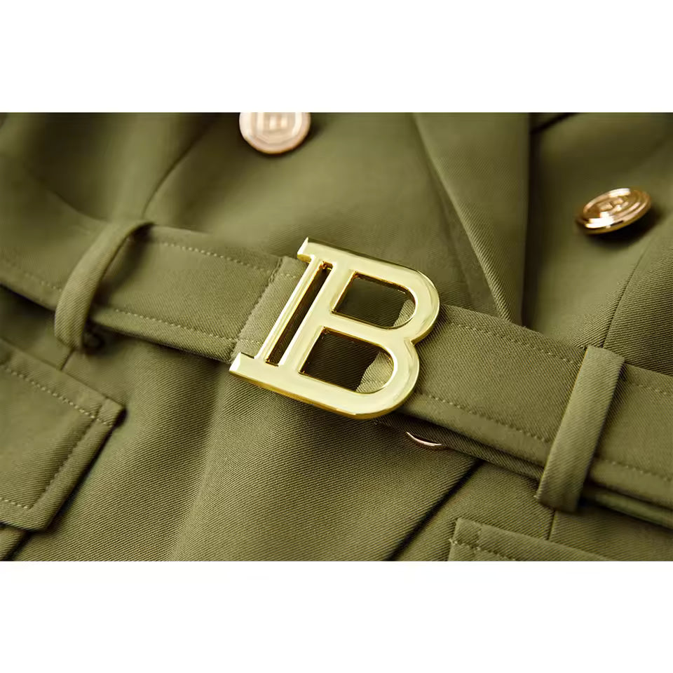 Army Green Belted Blazer with Pockets