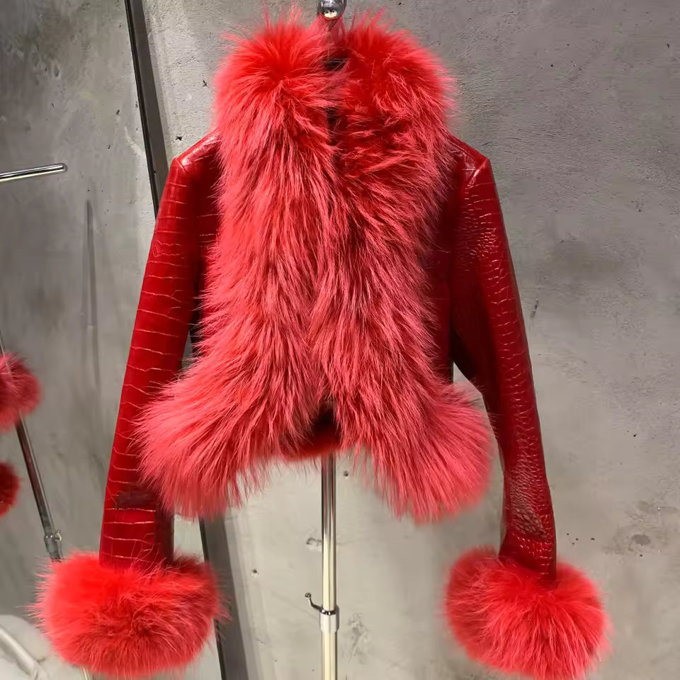 Cropped Shearling Leather Coat with Natural Fur Sleeves