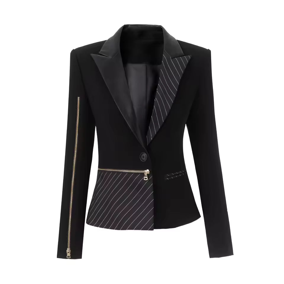 Stylish Striped Patchwork Notched Slim Blazer with Single Button