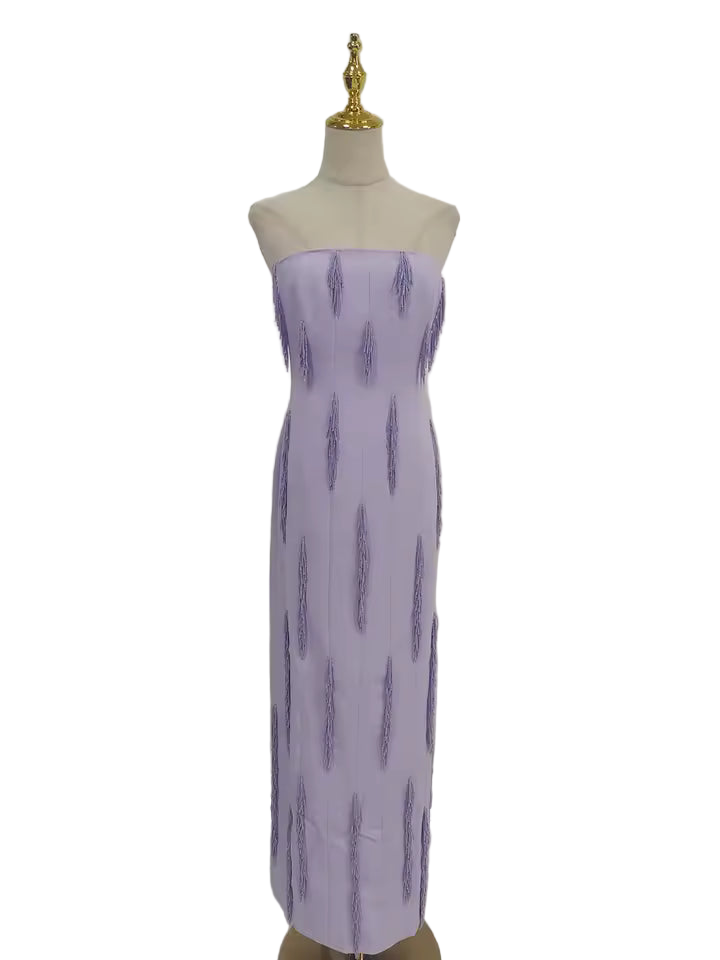 Purple Strapless Beaded Split Maxi Dress