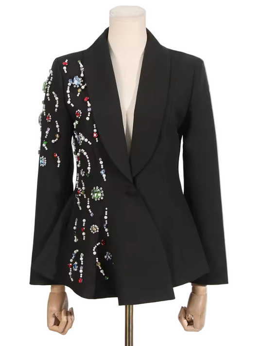 Slim Fit Split Beaded Patchwork Long Sleeve Blazer with Lapel and Buttons