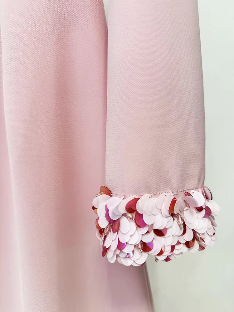 Stand Collar Beaded Sequin Hollow Out Maxi Dress