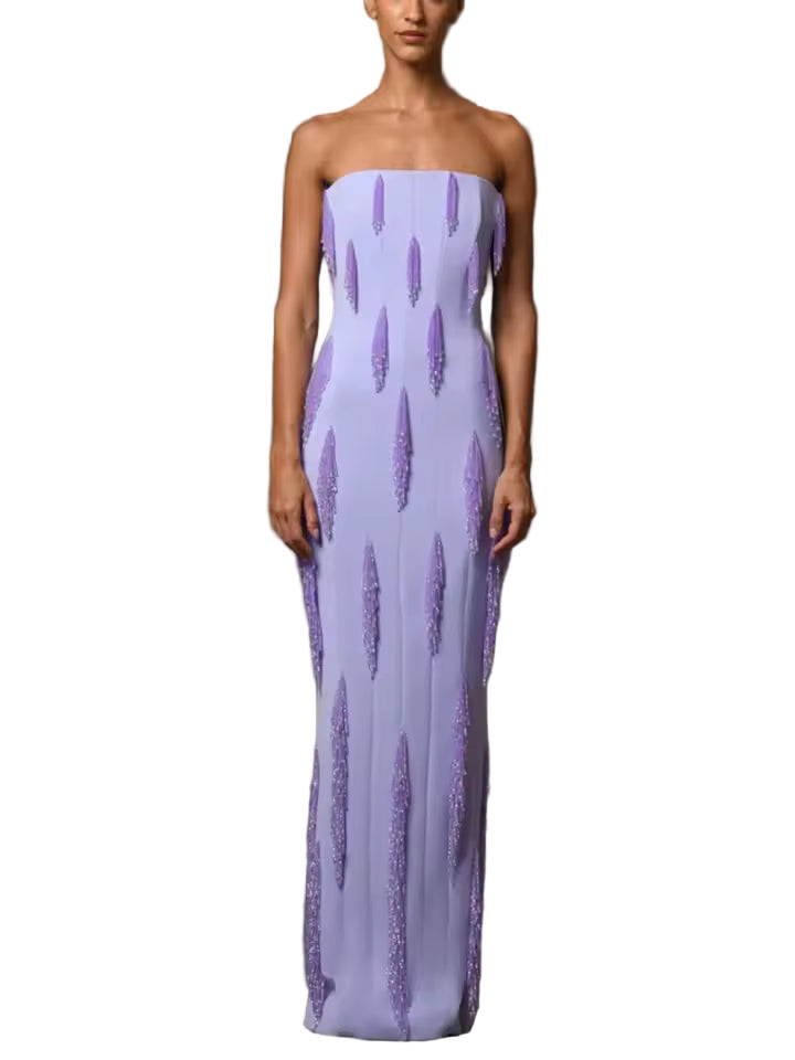 Purple Strapless Beaded Split Maxi Dress