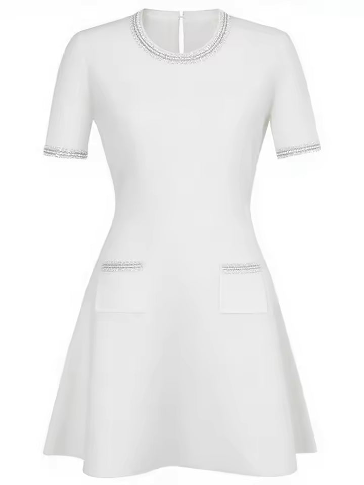 Beaded Patchwork Mini Dress with Pockets – Round Neck & Short Sleeves