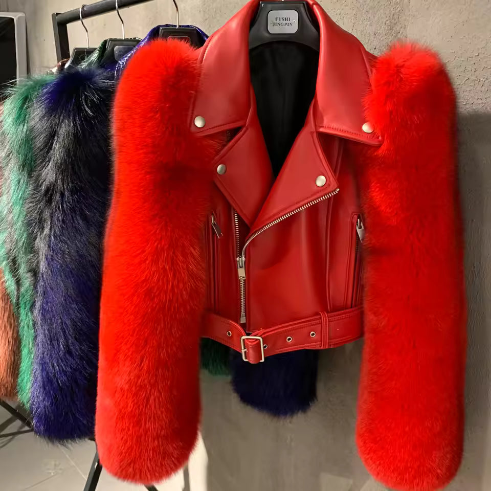 Leather Biker Jacket with Fox Fur Sleeves