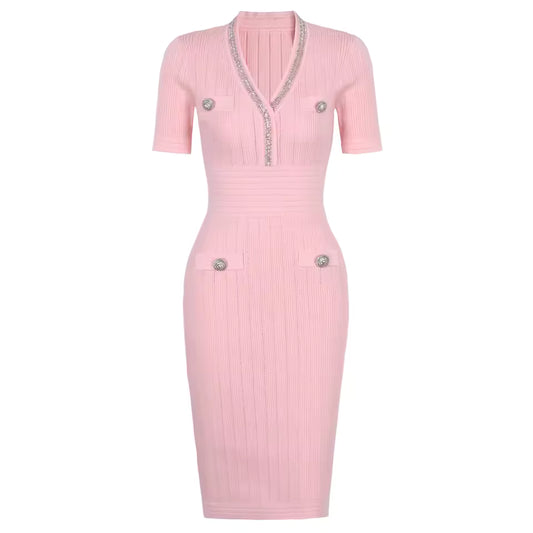 V-Neck Short Sleeve Slim Fit Elastic Knit Dress with Beaded Detail