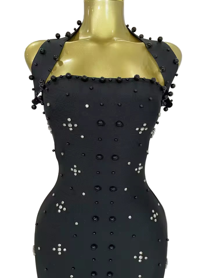Sparkling Rhinestone Pearl Sleeveless Bodycon Bandage Long Dress