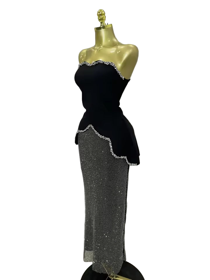 Luxury Black Diamond Top & Skirt Two-Piece Party Dress