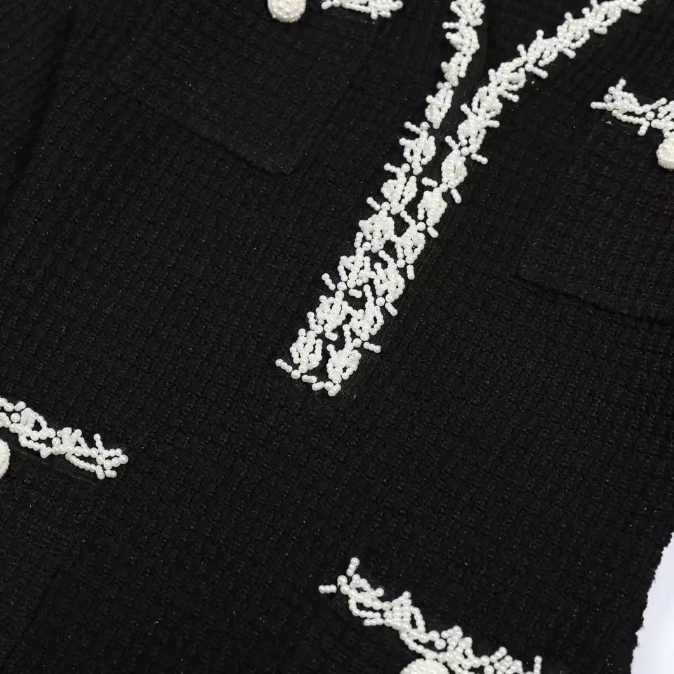 Two-Tone V-Neck Beaded Pocket Long Sleeve Slim Fit Fishtail Knit Dress