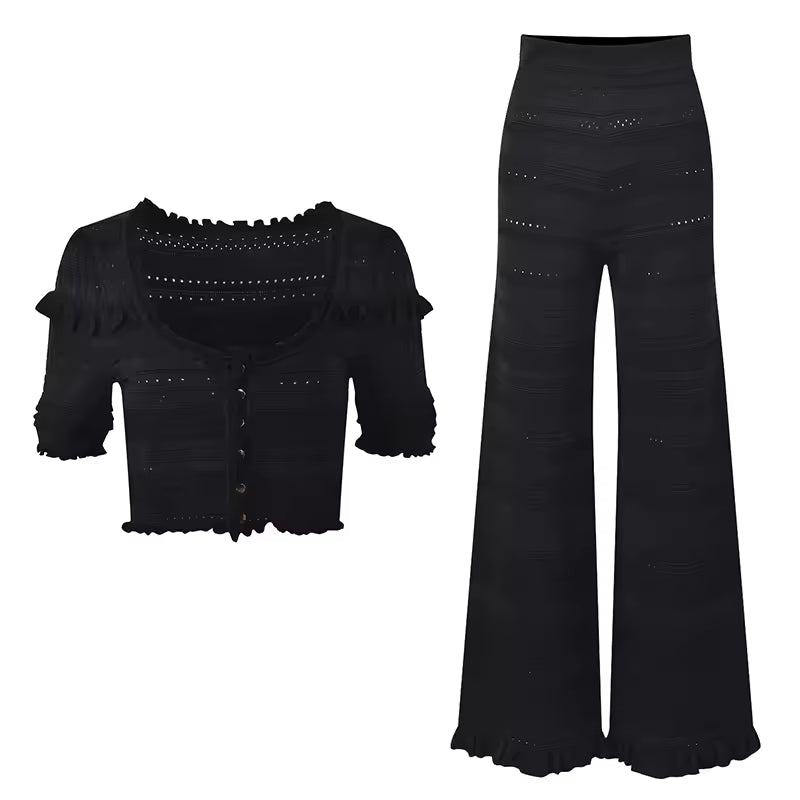 Ruffled Knit Square Neck Cardigan and Flare Pants Set