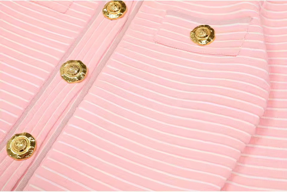 Striped Knit Single-Breasted Vest and Pleated Mini Skirt Set