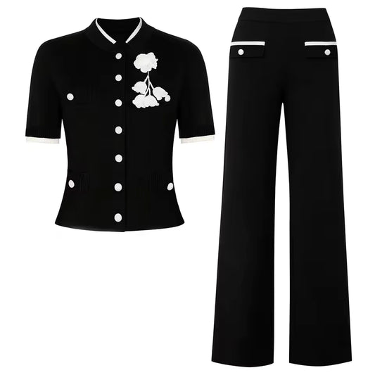 Colorblock Flower Accent Knit Vest & Solid Pants Set