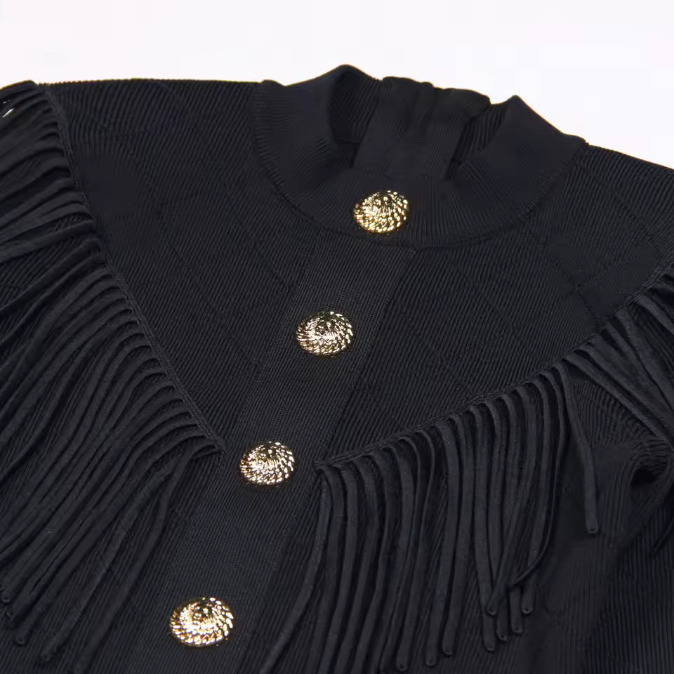 Knitted V-Neck Tassel Slim Long Sleeve Dress