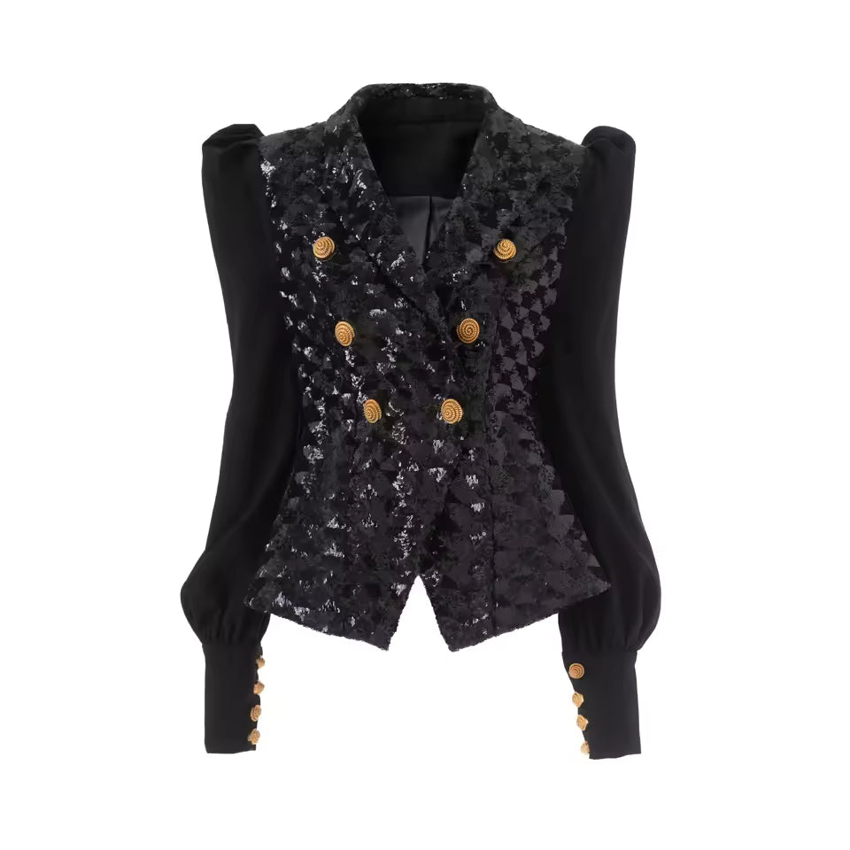 Vintage Puff Sleeve Sequin Double-Breasted Notched Blazer
