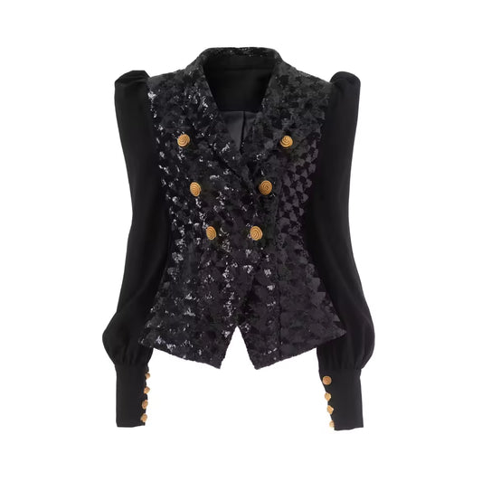 Vintage Puff Sleeve Sequin Double-Breasted Notched Blazer