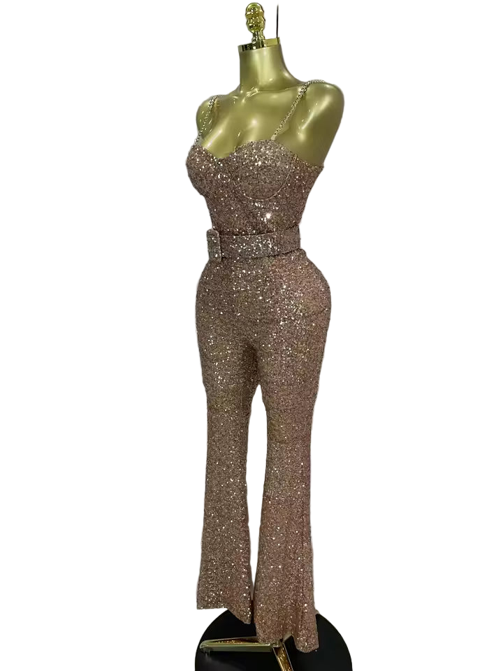 Shiny Sequin Halter Backless Bodycon Jumpsuit