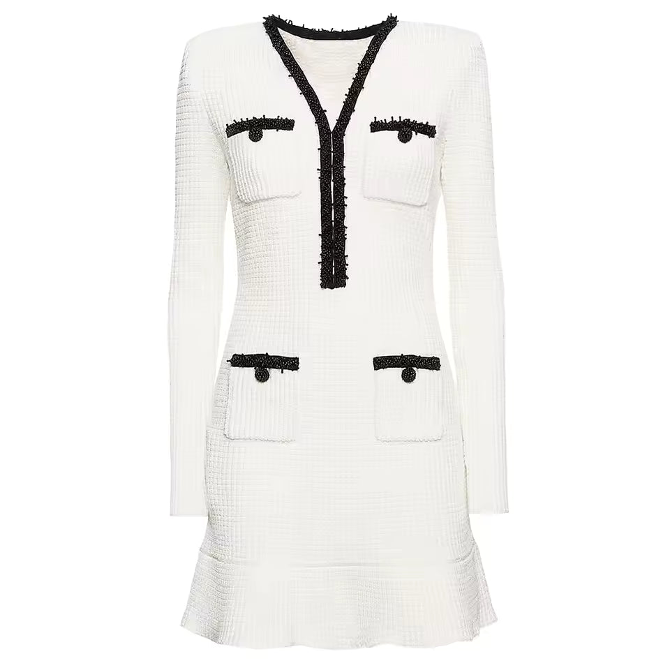 Two-Tone V-Neck Beaded Pocket Long Sleeve Slim Fit Fishtail Knit Dress