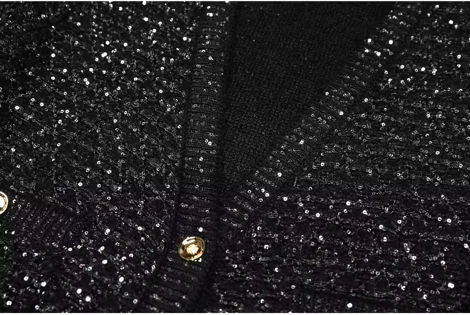 Sequined V-Neck Belted Knit Cardigan