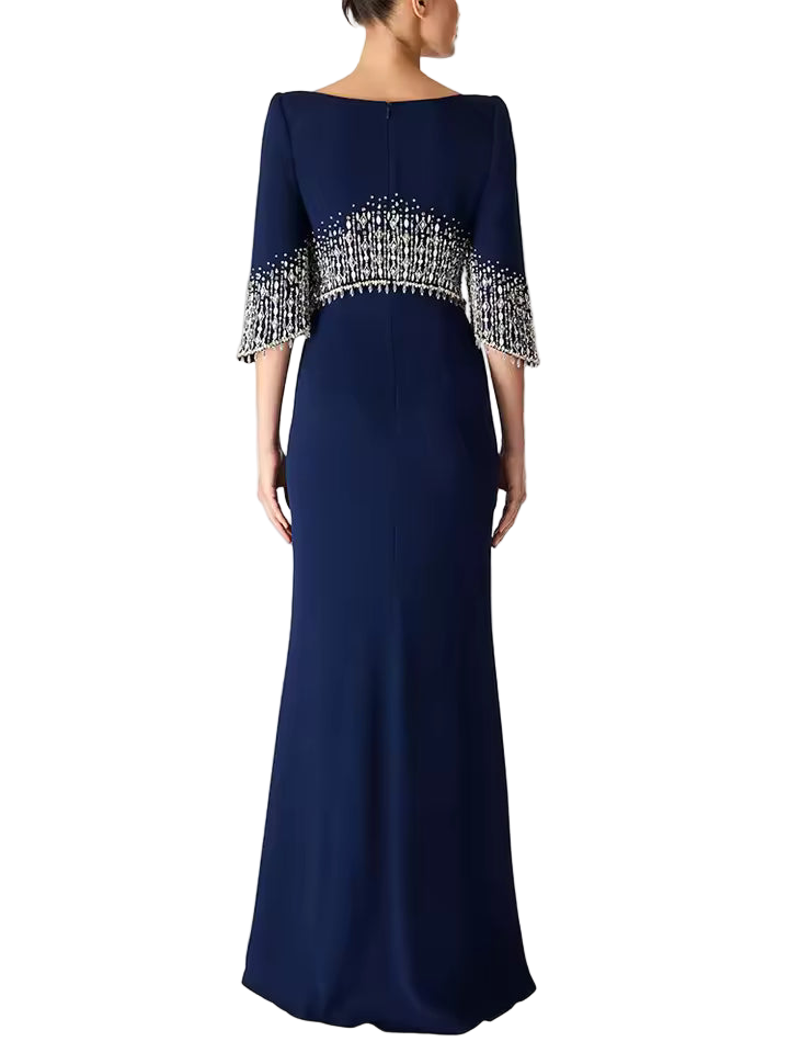 Slim Fit Patchwork Beaded Midi Dress with Half Sleeves