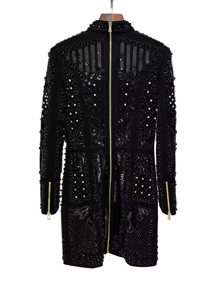 Pearl Sequin Beaded Long Sleeve Stretchy Dress