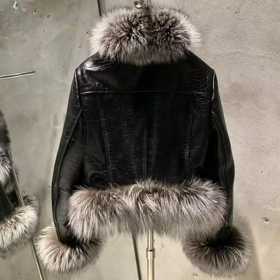 Cropped Shearling Leather Coat with Natural Fur Sleeves