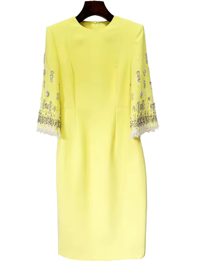 Sequined Rhinestone Beaded Tassel Knit Midi Dress