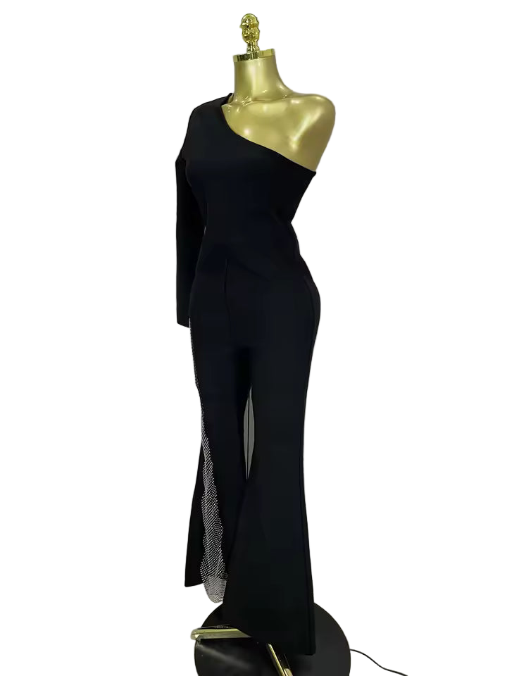 Shiny Sequin Mesh One-Shoulder Bell-Bottom Bandage Jumpsuit