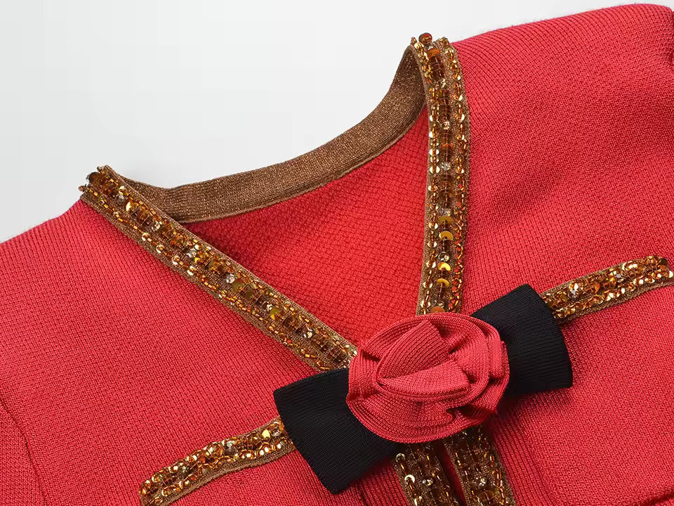 Rose Accent Knitted Mini Dress – V-Neck Long Sleeve