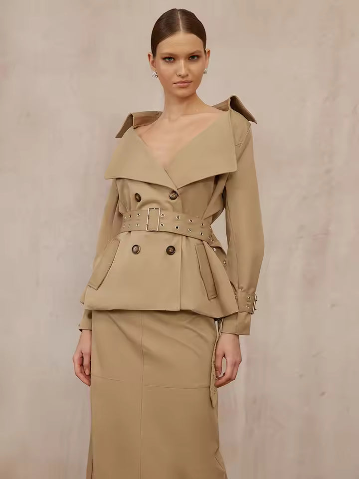 Slim Fit Split Belt Patchwork Button Trench Coat